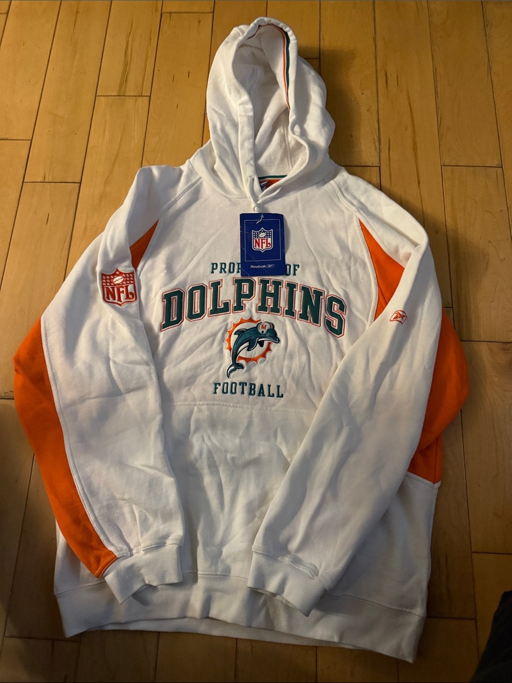 Reebok White and Orange Dolphins NFL Zip-Up Hoodie